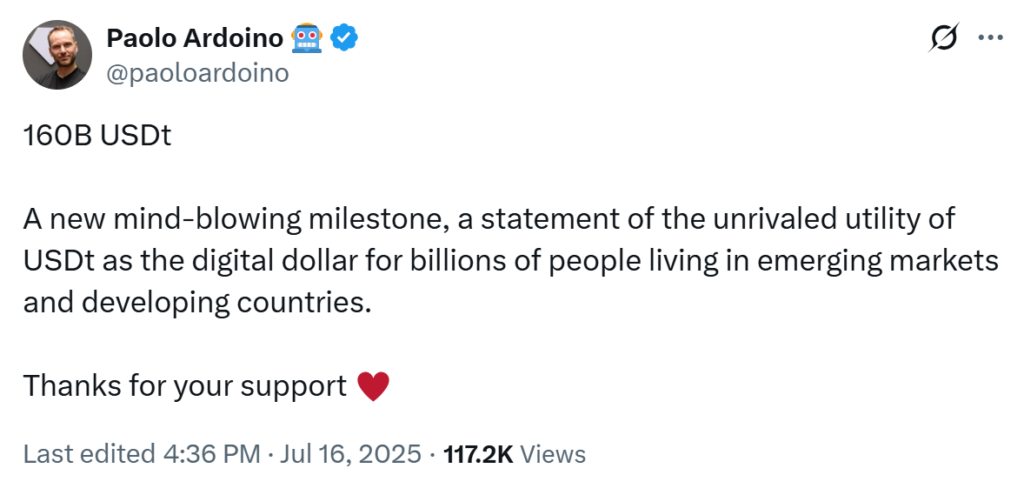 USDt market cap hits $160B